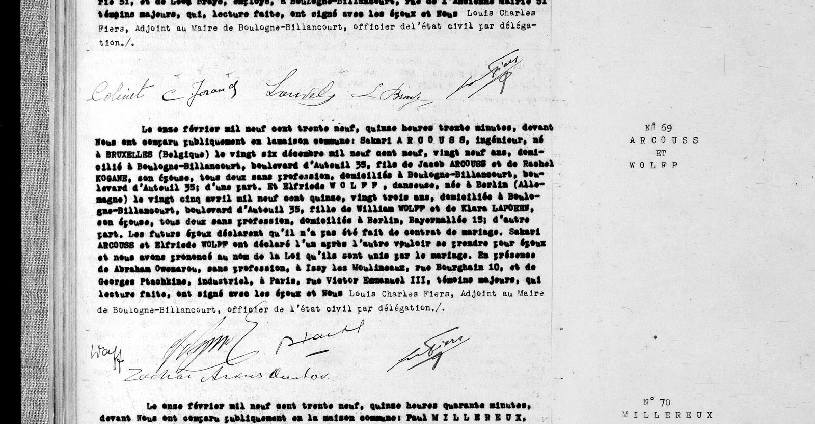 Boulogne-Billancourt marriage acte 69, 11 February 1939, Sakari Arcouss and Elfriede Wolff