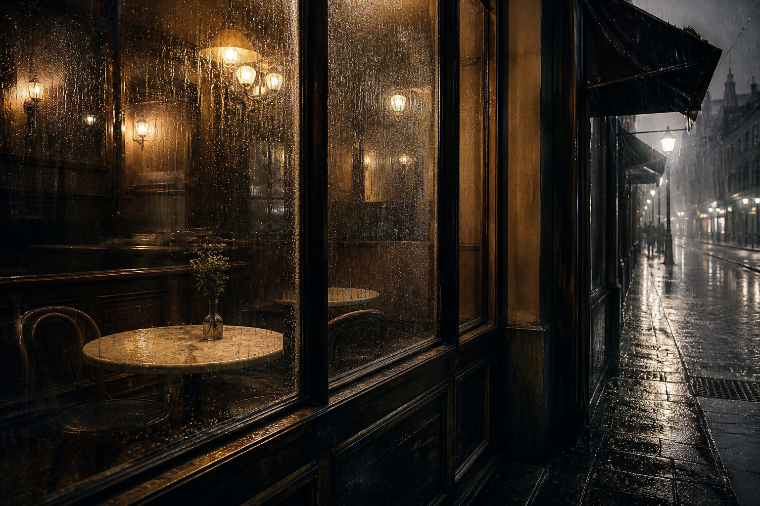 A Berlin café window in the rain at night