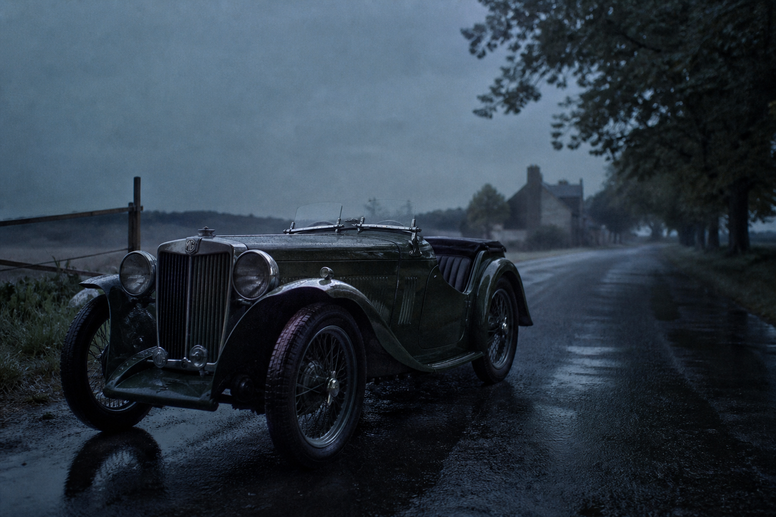 An empty MG on a wet French road